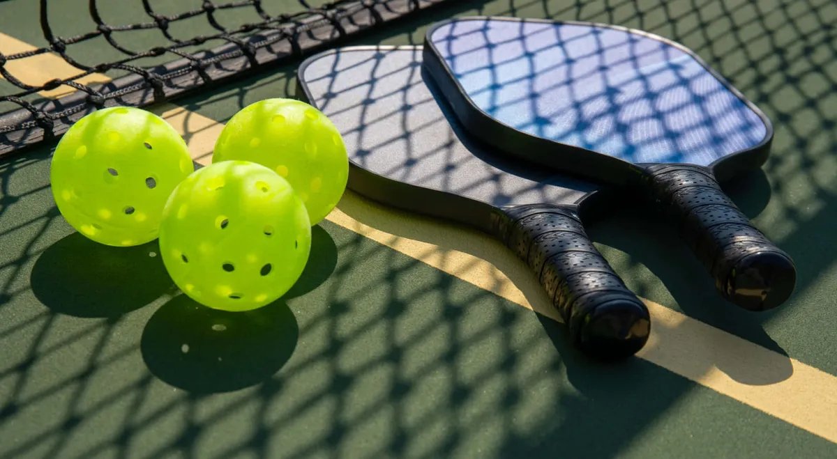 A vibrant exterior image of a pickleball court, highlighting pickleball paddles, pickleballs, and a net. The scene suggests a friendly and energetic environment for exercise and group activities, emphasizing the social aspect of staying active.